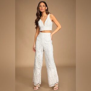 Lulus My Heart Is Yours White Lace-Up Crochet‎ Two Piece Jumpsuit Size XS NWT